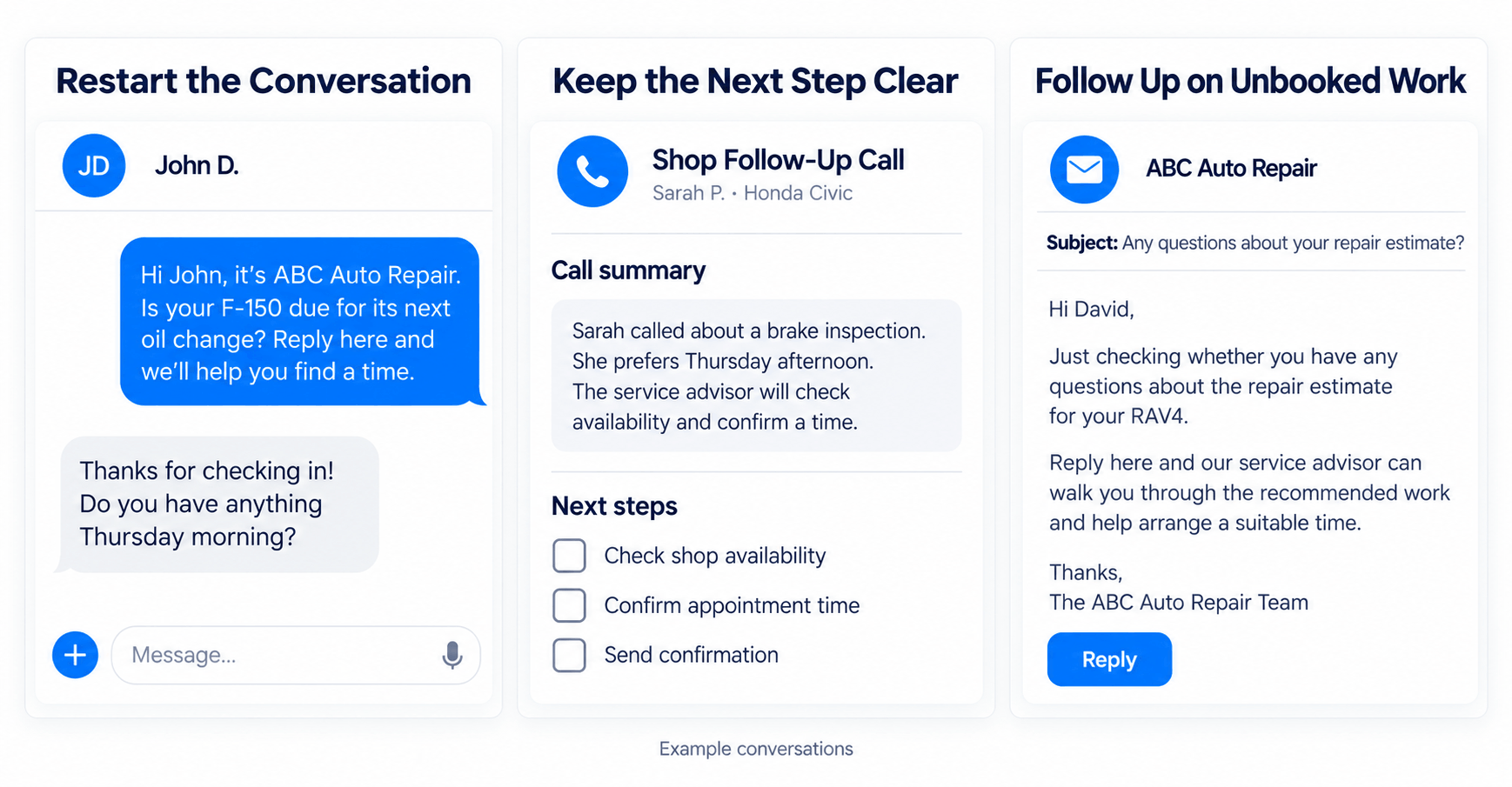 Automotive SMS conversation, service advisor call summary and estimate follow-up email