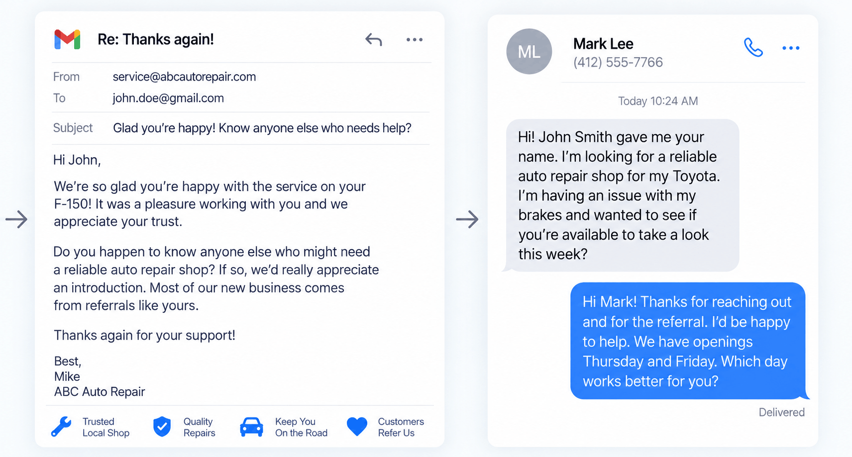 Happy automotive customer referral email and a new customer text conversation